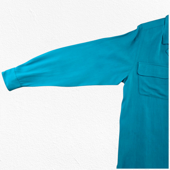 80s Vintage Turquoise Silk Button Up Blouse Size 6 Shoulder Pads Classic Casual - Picture 12 of 13